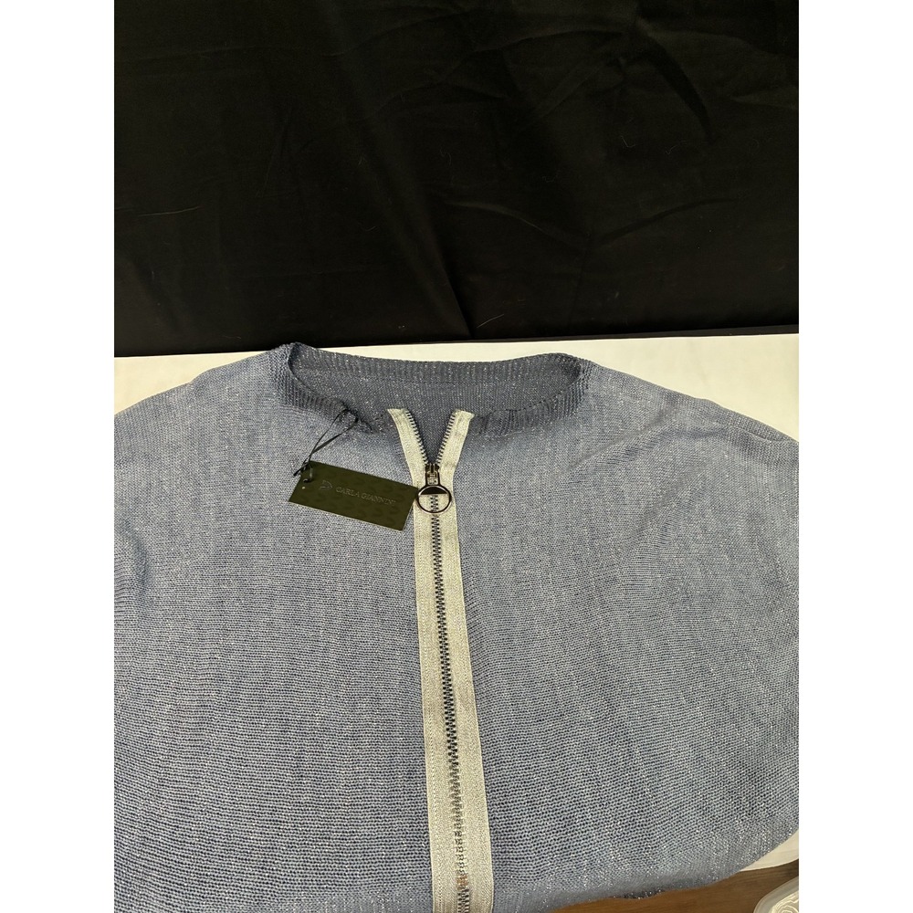Carla Giannini Italian Oversized Jumper Sweater Blue Metallic V Neck Zip NWT